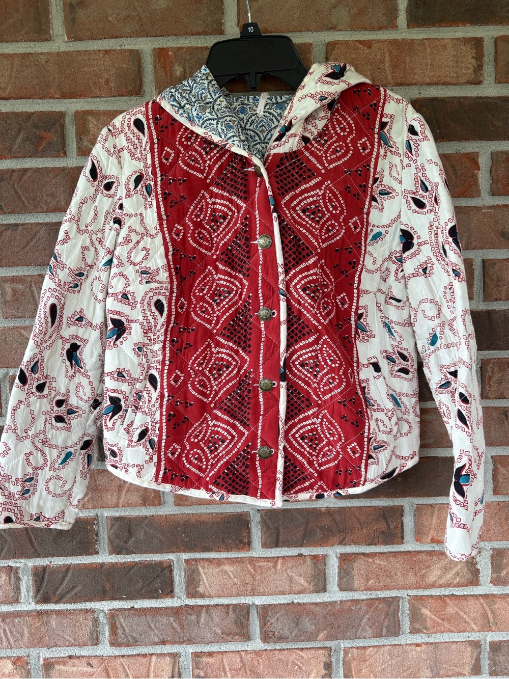 Free People Urban Outfitters Red & White Patterned Hooded Quilted Jacket